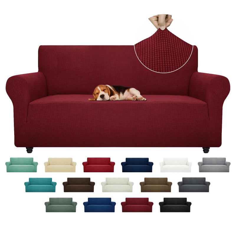 ZNSAYOTX Super Stretch Couch Cover 7292 Universal Sofa Covers with Elastic Bottom Dog Cat Pets Friendly Washable Furniture Protector Fitted Sofa Slipcovers Stay in Place Wine Red Sofa
