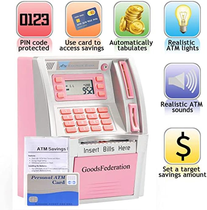 GoodsFederation 2024 Upgraded ATM Piggy Bank for Real Money for Kids Adults,Toy Money Bank with Card,Password,Coin Recognition,Bill Feeder,Balance Calculator,Electronic Money Safe Coin Box,Hot Gift for Boys Girls - Image 5