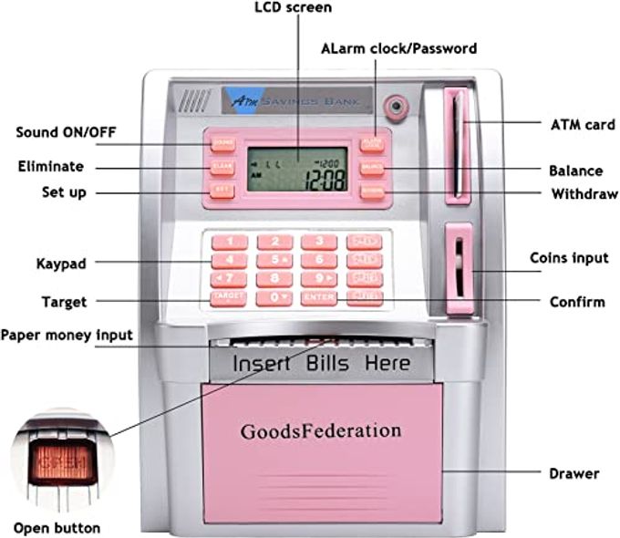 GoodsFederation 2024 Upgraded ATM Piggy Bank for Real Money for Kids Adults,Toy Money Bank with Card,Password,Coin Recognition,Bill Feeder,Balance Calculator,Electronic Money Safe Coin Box,Hot Gift for Boys Girls - Image 3