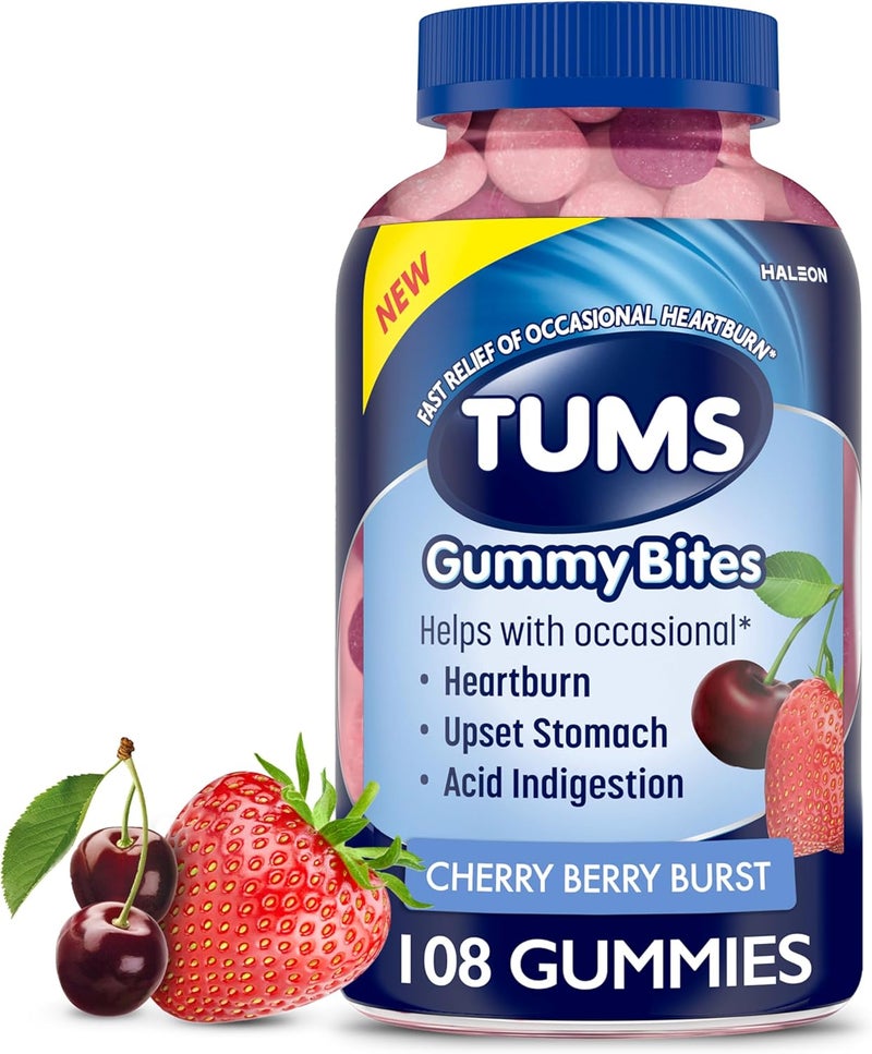 TUMS TUMS Gummy Bites Dietary Supplement for Occasional Heartburn Relief, Upset Stomach and Acid Indigestion, Great for a Summer BBQ - Cherry Berry Burst - 108 Count 