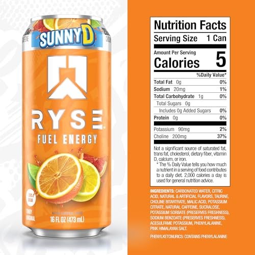 RYSE Up Supplements RYSE Fuel Energy Drink - SunnyD Tangy Original - Sugar Free, Gluten Free & Vegan - 200mg Natural Caffeine, Taurine & Choline for Focus & Energy - No Artificial Colors - 16 fl oz Cans (12-Pack) - Image 2