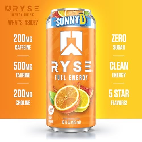 RYSE Up Supplements RYSE Fuel Energy Drink - SunnyD Tangy Original - Sugar Free, Gluten Free & Vegan - 200mg Natural Caffeine, Taurine & Choline for Focus & Energy - No Artificial Colors - 16 fl oz Cans (12-Pack) - Image 5