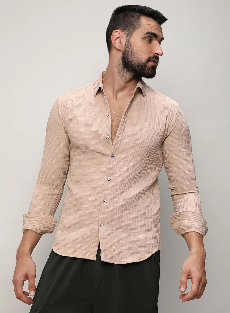 Campus Sutra Men's Beige Self-Design Intertwine Shirt For Casual Wear | Spread Collar | Long Sleeve | Button Closure | Shirt Crafted With Comfort Fit For Everyday Wear