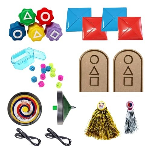 RaoNEE Korean Squid Traditional Play Game 5 Piece Set - Ddakji, Flying-Stone(Biseokchigi), Gong-gi, Spinning-Top(Paeng-y), Jegi - Image 1