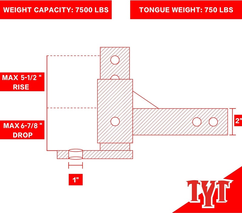 TYT Adjustable Trailer Hitch Ball Mount with 2 Hitch Pins, 1-Inch Hole, Fits 2-Inch Receiver, 5-1/2" Rise & 6-7/8" Drop Tow Hitch, 4-Position Adjustable Hitch, 7500 lbs - Image 4