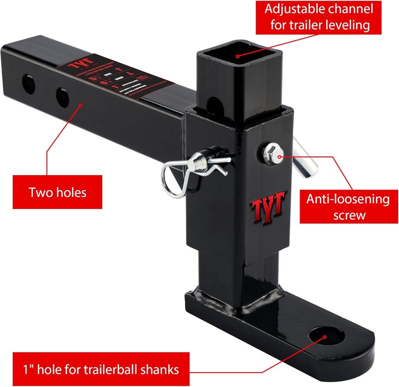 TYT Adjustable Trailer Hitch Ball Mount with 2 Hitch Pins, 1-Inch Hole, Fits 2-Inch Receiver, 5-1/2" Rise & 6-7/8" Drop Tow Hitch, 4-Position Adjustable Hitch, 7500 lbs - Image 3