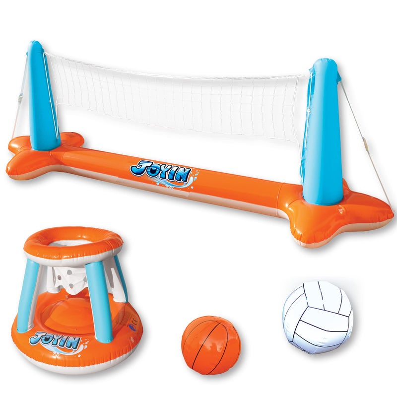 JOYIN Inflatable Pool Float Set Volleyball Net & Basketball Hoops, Floating Swimming Game Toy for Kids and Adults, Summer Floaties, Volleyball Court (105”x28”x35”)|Basketball (27”x23”x27”),L-Orange - Image 2