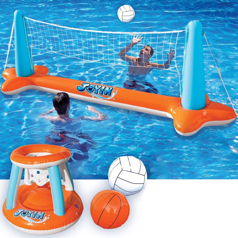 JOYIN Inflatable Pool Float Set Volleyball Net & Basketball Hoops, Floating Swimming Game Toy for Kids and Adults, Summer Floaties, Volleyball Court (105”x28”x35”)|Basketball (27”x23”x27”),L-Orange - Image 1