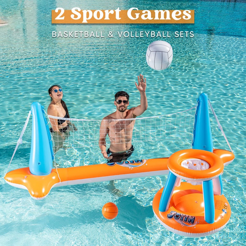 JOYIN Inflatable Pool Float Set Volleyball Net & Basketball Hoops, Floating Swimming Game Toy for Kids and Adults, Summer Floaties, Volleyball Court (105”x28”x35”)|Basketball (27”x23”x27”),L-Orange - Image 3