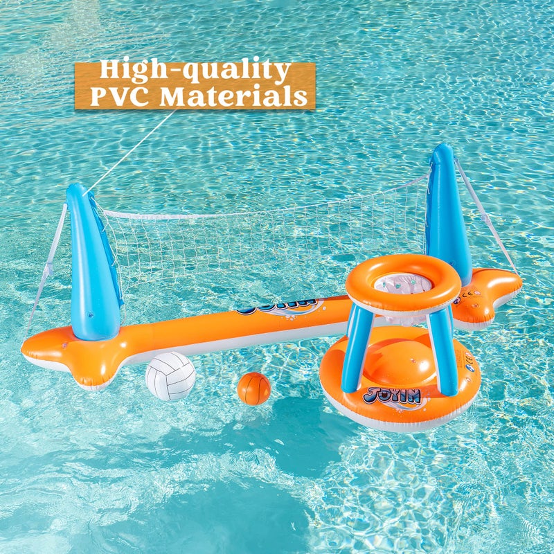 JOYIN Inflatable Pool Float Set Volleyball Net & Basketball Hoops, Floating Swimming Game Toy for Kids and Adults, Summer Floaties, Volleyball Court (105”x28”x35”)|Basketball (27”x23”x27”),L-Orange - Image 4