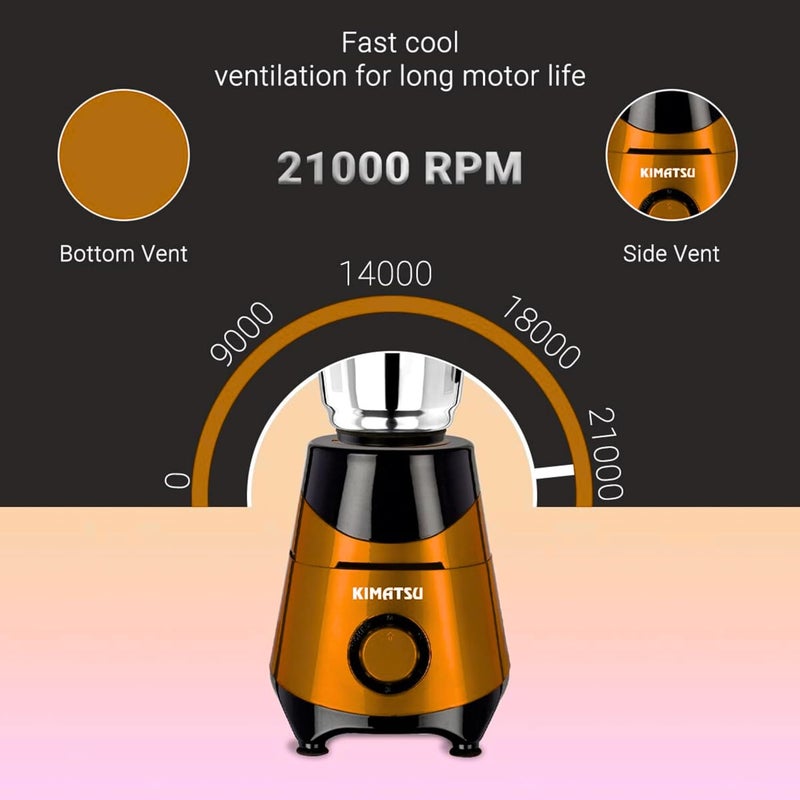 KIMATSU Kimatsu Supreme 750 Watts Mixer Grinder 3 Year Motor Warranty 3 JarsChutney Dry Wet Jar Precision Blend SS Blades Metallic Orange ABS Body  - Image 3