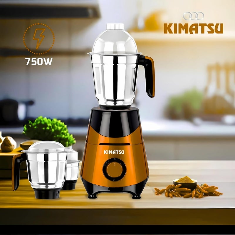 KIMATSU Kimatsu Supreme 750 Watts Mixer Grinder 3 Year Motor Warranty 3 JarsChutney Dry Wet Jar Precision Blend SS Blades Metallic Orange ABS Body  - Image 4