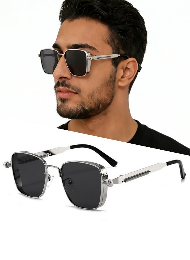 Retro Steampunk Square Sunglasses Silvery Metal Frame UV400 Polarized Lens Unisex Fashion Eyewear for Outdoor Sports Driving Fishing Picnics Daily Commutes Weekend Getaways Travel Outings,Gold - Image 2