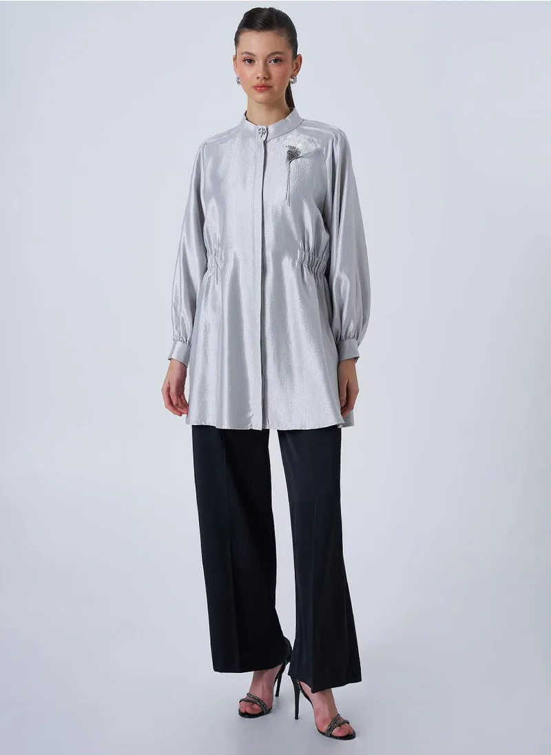Kayra Brooch Detailed Satin Tunic Gray