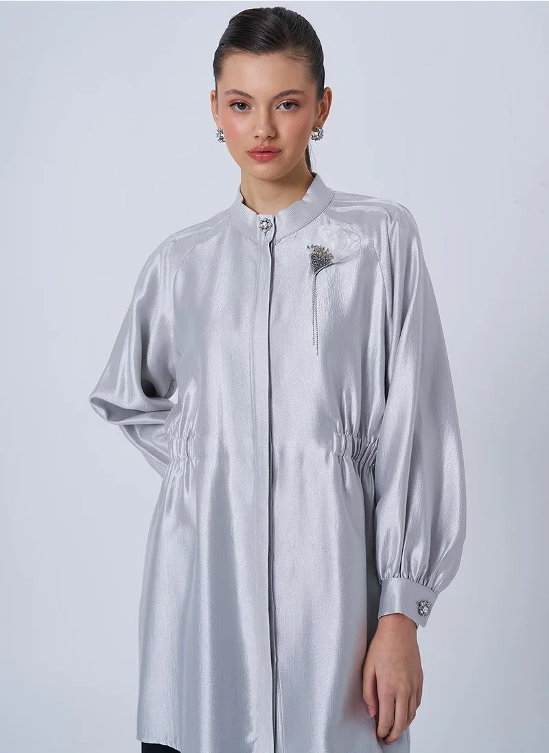 Kayra Brooch Detailed Satin Tunic Gray
