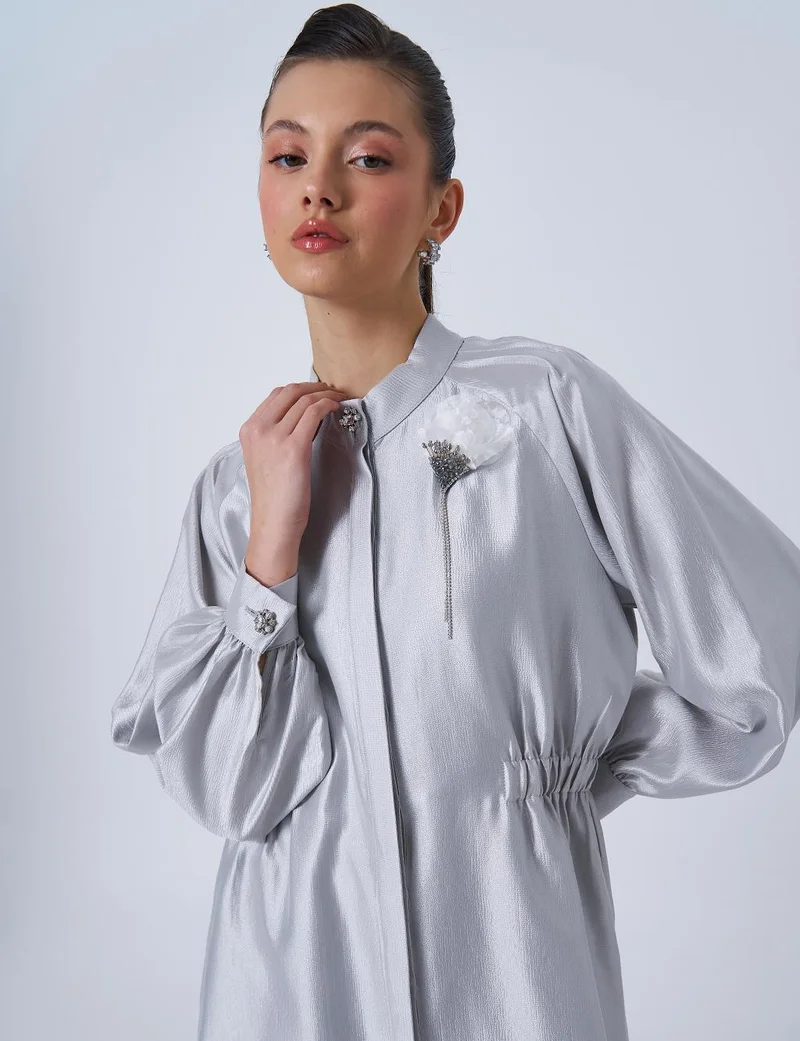 Kayra Brooch Detailed Satin Tunic Gray