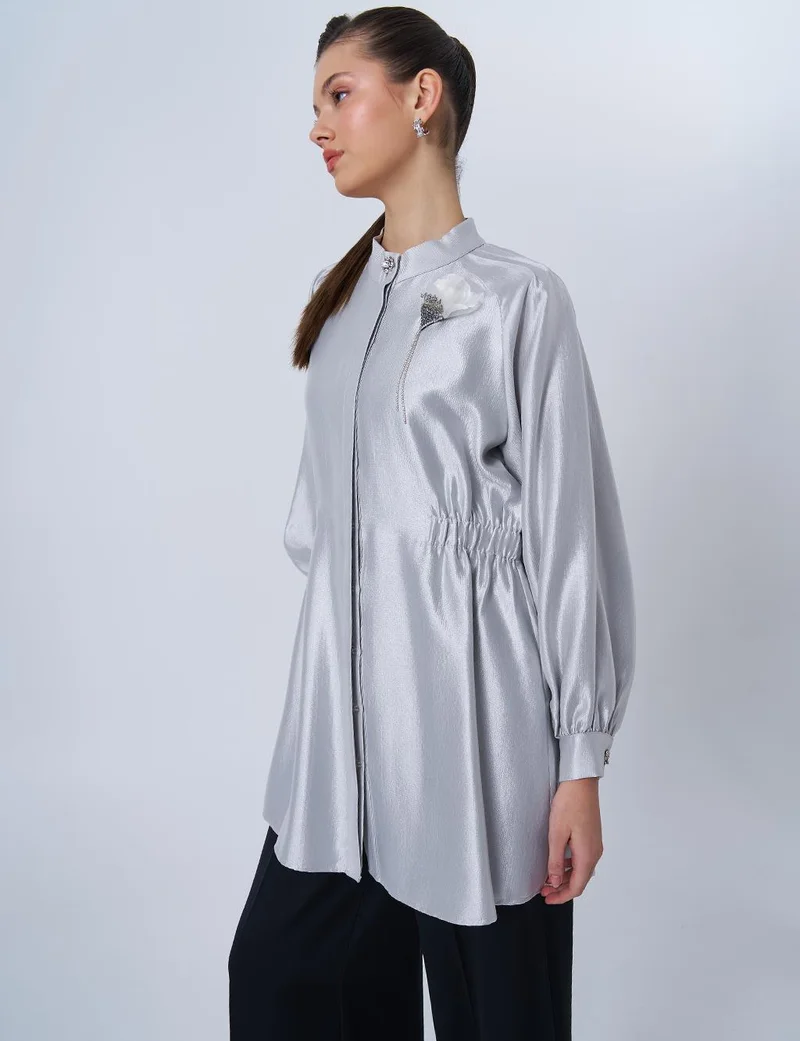 Kayra Brooch Detailed Satin Tunic Gray