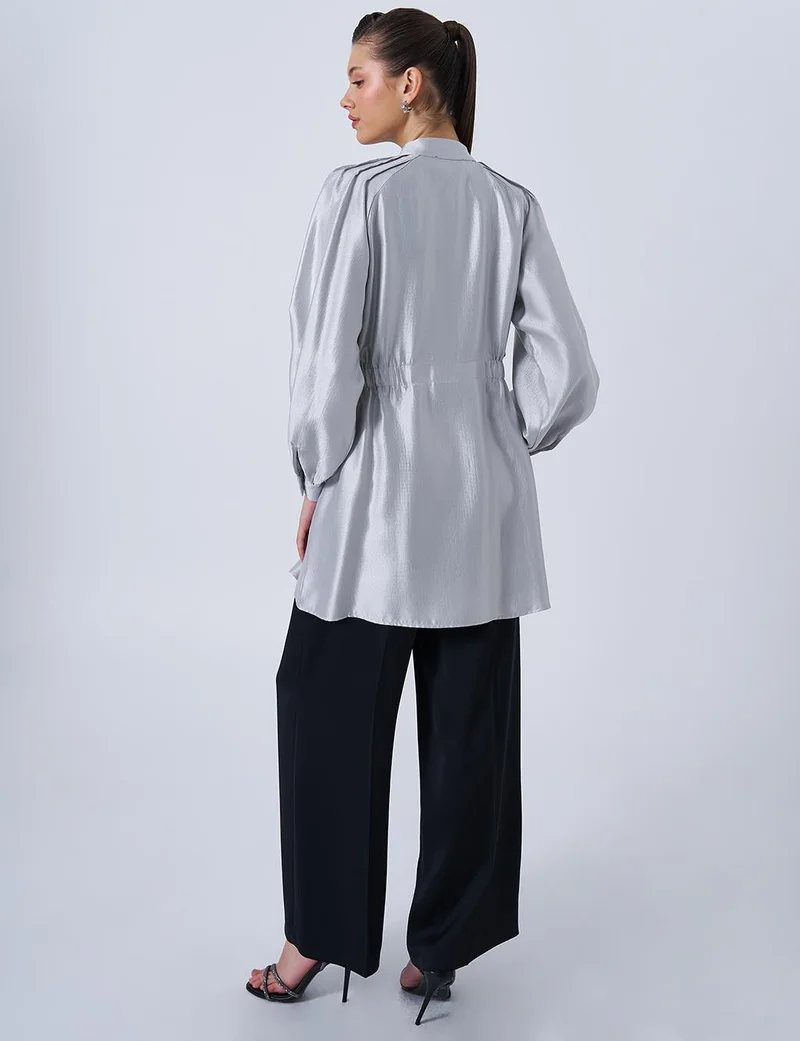 Kayra Brooch Detailed Satin Tunic Gray