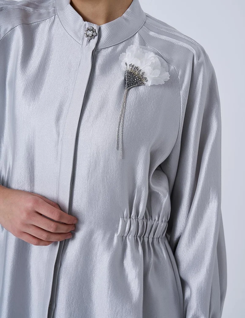 Kayra Brooch Detailed Satin Tunic Gray