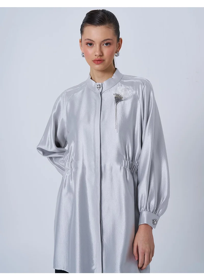 Kayra Brooch Detailed Satin Tunic Gray