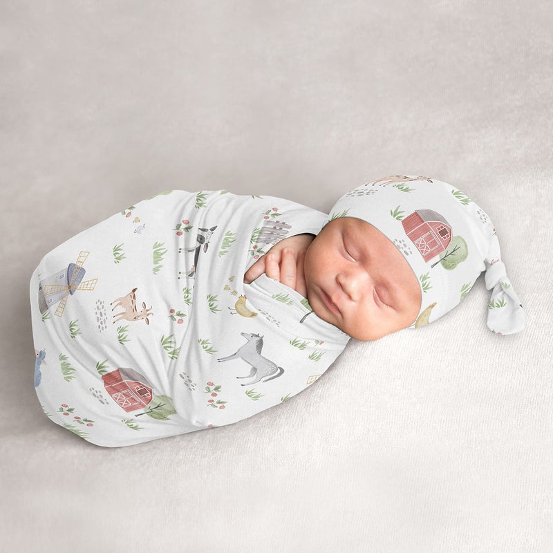 Sweet Jojo Designs Sweet Jojo Designs Farm Animals Boy Girl Cocoon and Beanie Hat Set Jersey Stretch Knit Sleeping Bag for Infant Newborn Nursery Sleep Wrap Sack  Watercolor Farmhouse Horse Cow Sheep Pig Gender Neutral