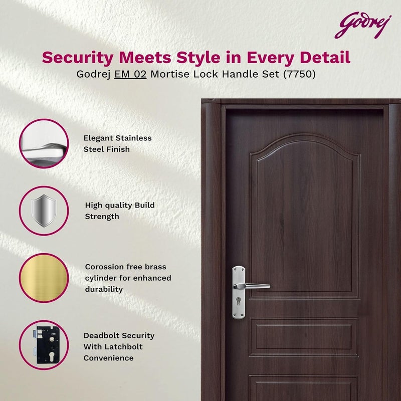 Godrej Locking Solutions and Systems Godrej Locking Solutions and Systems Mortise Door Lock Handle Set 1CKEM01 SS Finish6Lever Lock 3 Keys Double Throw5 Handle Handed Door OperationMortise Lock with Latch satin steel  - Image 3