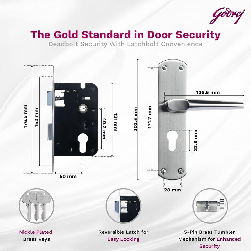 Godrej Locking Solutions and Systems Godrej Locking Solutions and Systems Mortise Door Lock Handle Set 1CKEM01 SS Finish6Lever Lock 3 Keys Double Throw5 Handle Handed Door OperationMortise Lock with Latch satin steel  - Image 4