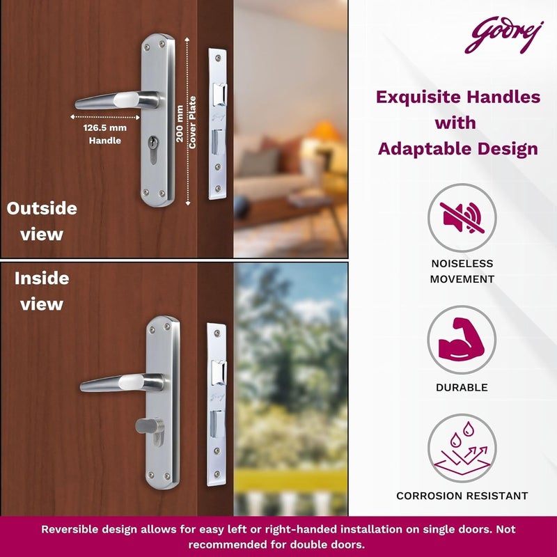 Godrej Locking Solutions and Systems Godrej Locking Solutions and Systems Mortise Door Lock Handle Set 1CKEM01 SS Finish6Lever Lock 3 Keys Double Throw5 Handle Handed Door OperationMortise Lock with Latch satin steel  - Image 2