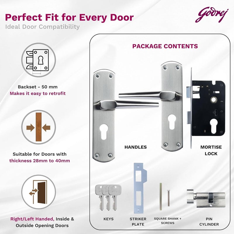 Godrej Locking Solutions and Systems Godrej Locking Solutions and Systems Mortise Door Lock Handle Set 1CKEM01 SS Finish6Lever Lock 3 Keys Double Throw5 Handle Handed Door OperationMortise Lock with Latch satin steel  - Image 5