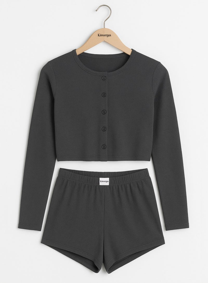 Kisunya Lounge Set - 2pcs Women’s Casual Solid Color Lounge Set – Long Sleeve Crew Neck Single-Breasted Crop Top & Elastic Waist Shorts, Soft and Stylish Two-Piece Homewear Outfit, Perfect for Autumn Relaxation, Sleepwear or Daily Casual Use - Image 2