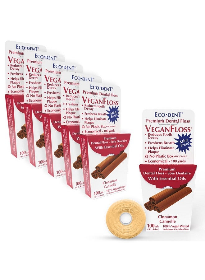 Eco-Dent Veganfloss Dental Floss Waxed Cinnamon Floss With Vegan Plantbased Wax Recyclable Cardboard Packaging 100 Yds (Pack Of 6) - Image 1