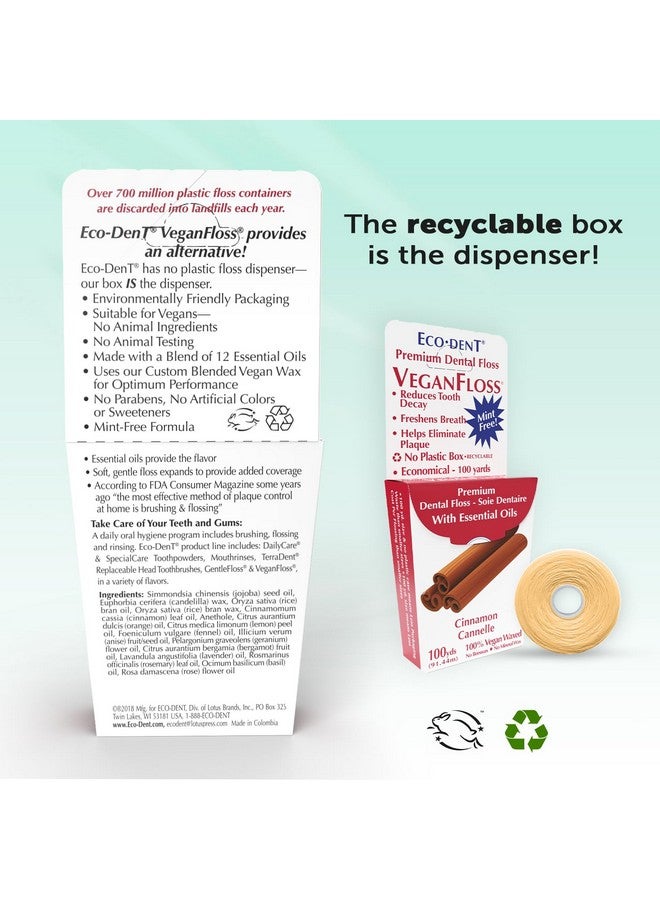 Eco-Dent Veganfloss Dental Floss Waxed Cinnamon Floss With Vegan Plantbased Wax Recyclable Cardboard Packaging 100 Yds (Pack Of 6) - Image 2
