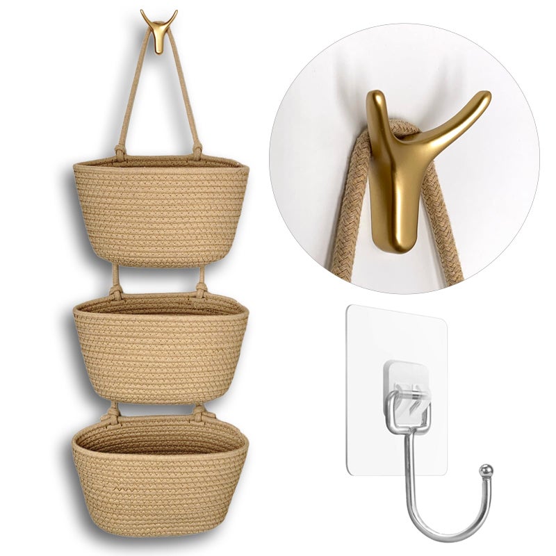 3Tier Decorative Cotton Rope Hanging Basket WallMounted Woven Storage Organizer Bag Jute