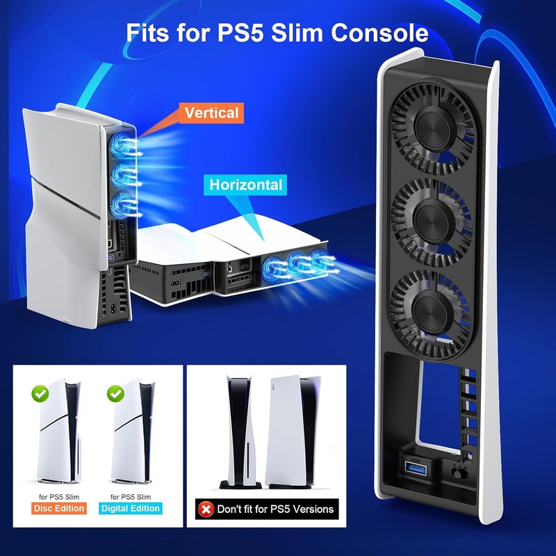 مروحة تبريد لوحدة تحكم PS5 Slim، ملحق مروحة تبريد مع تشغيل/إيقاف تلقائي، مع مروحتين بسرعتين ومنفذ USB 3.0 لإصدار PlayStation 5 Slim الرقمي والأقراص (غير مخصصة لـ PS5/PS5 Pro) - Image 2