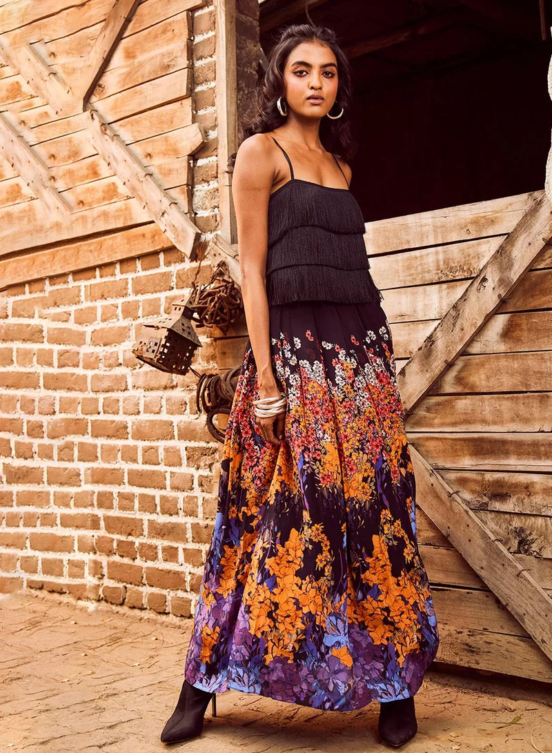 Bhanuni by Jyoti COBALT VIOLET AND TANGERINE MAXI SKIRT