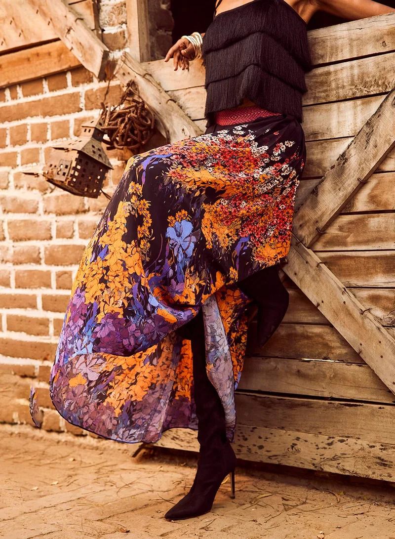 Bhanuni by Jyoti COBALT VIOLET AND TANGERINE MAXI SKIRT