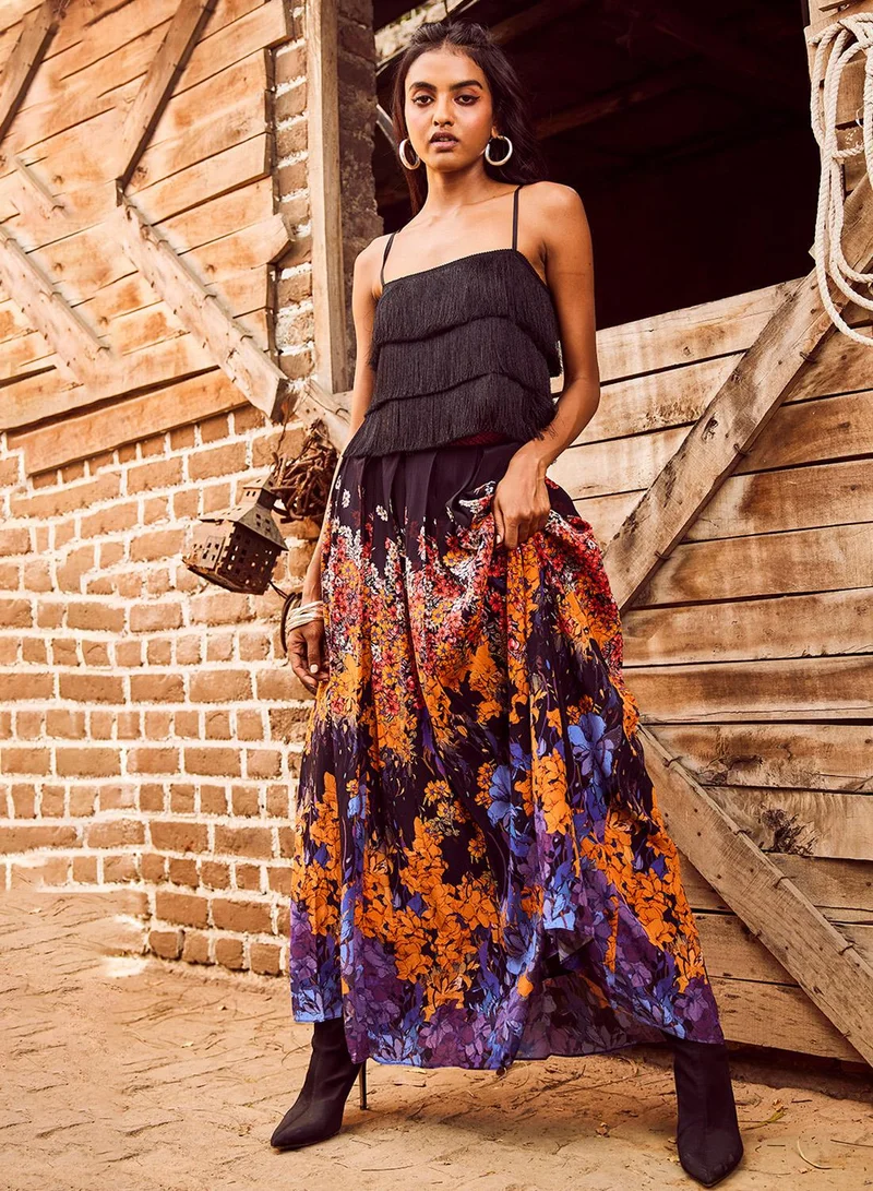 Bhanuni by Jyoti COBALT VIOLET AND TANGERINE MAXI SKIRT
