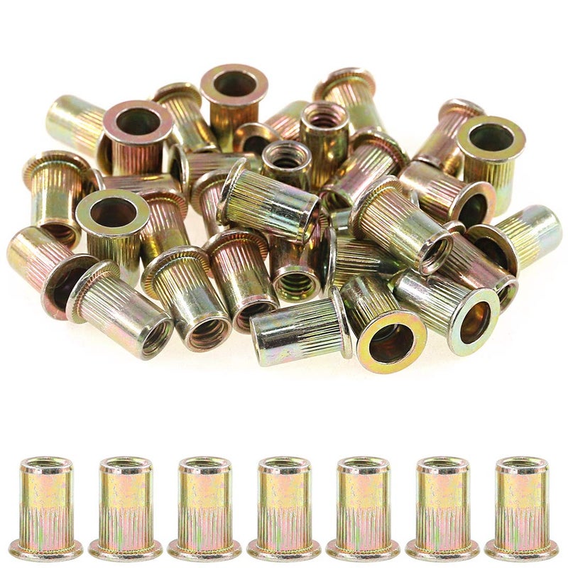 Rustark 100-Pcs 1/4"-20UNC Mixed Zinc Plated Carbon Steel Rivet Nuts Flat Head Insert Nutsert Assortment Kit - Image 1