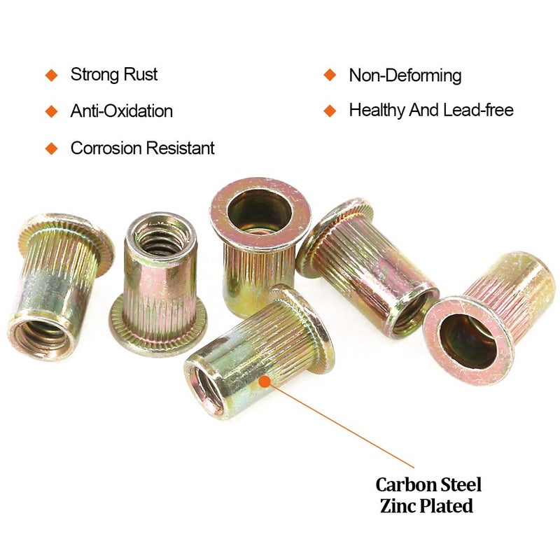 Rustark 100-Pcs 1/4"-20UNC Mixed Zinc Plated Carbon Steel Rivet Nuts Flat Head Insert Nutsert Assortment Kit - Image 3