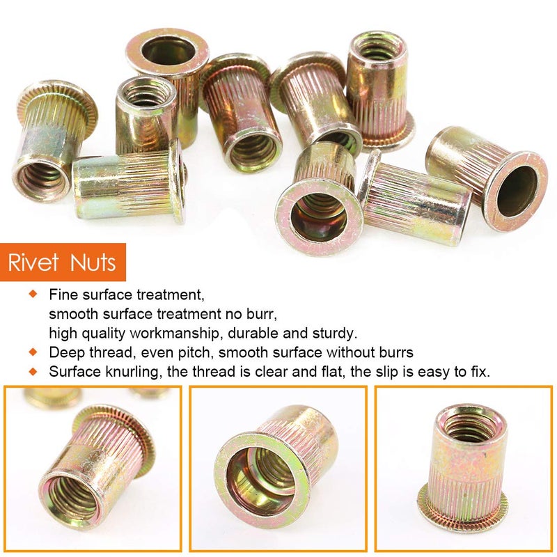 Rustark 100-Pcs 1/4"-20UNC Mixed Zinc Plated Carbon Steel Rivet Nuts Flat Head Insert Nutsert Assortment Kit - Image 4