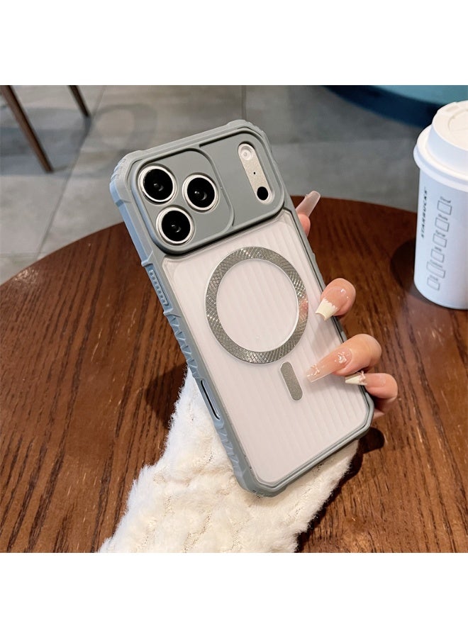 Magnetic Wireless Charge For iPhone 18 17 16 15 14 13 Pro Max Phone Case, Silicone Anti-Slip Frame&Four Corner Anti Drop Airbag Protection Matte Stripe Phone Cover,Grey - Image 1