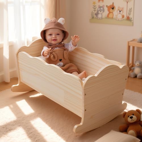 BABESIDE 3 Pcs Baby Doll Crib Set for Dolls up to 16 Inch Wooden Baby Doll Accessories Babydoll Bed Dolls Cradle with Bedding Set for Kids Pretend Play Toys Wood Doll Crib - Image 1