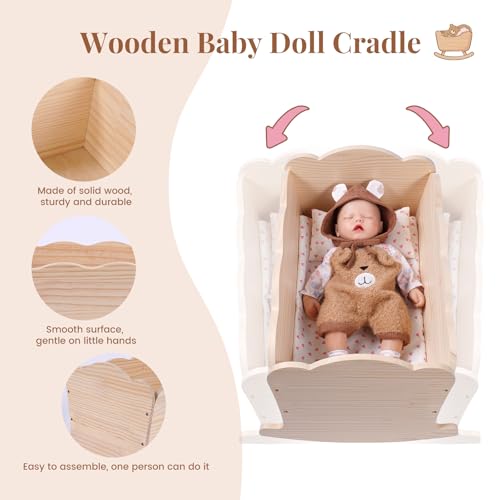 BABESIDE 3 Pcs Baby Doll Crib Set for Dolls up to 16 Inch Wooden Baby Doll Accessories Babydoll Bed Dolls Cradle with Bedding Set for Kids Pretend Play Toys Wood Doll Crib - Image 5