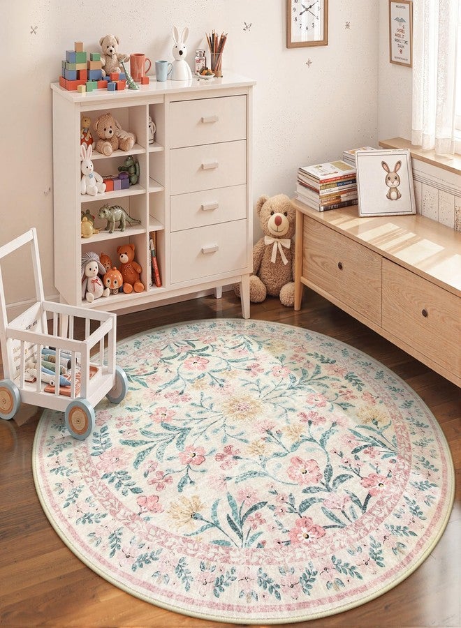 Wonnitar Washable Round Rugs 6ft, Pink Floral Circle Rug Large Round Carpet for Bedroom, Boho Soft Ultra-Thin Circular Carpets for Kids Playroom Living Room Nursery - Image 2