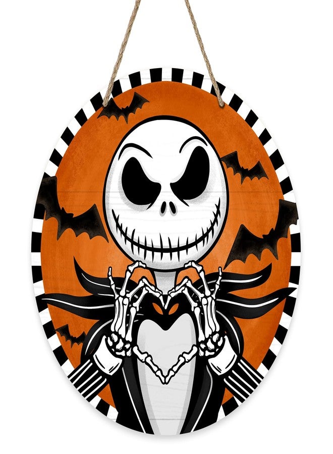 Deroro Halloween Jack Skellington Sign for Front Door Decor, Spooky Bat Wood Door Hanger for Outdoor Outside Porch, Funny Wooden Wreath Party Indoor Wall Hanging Decoration - Image 1