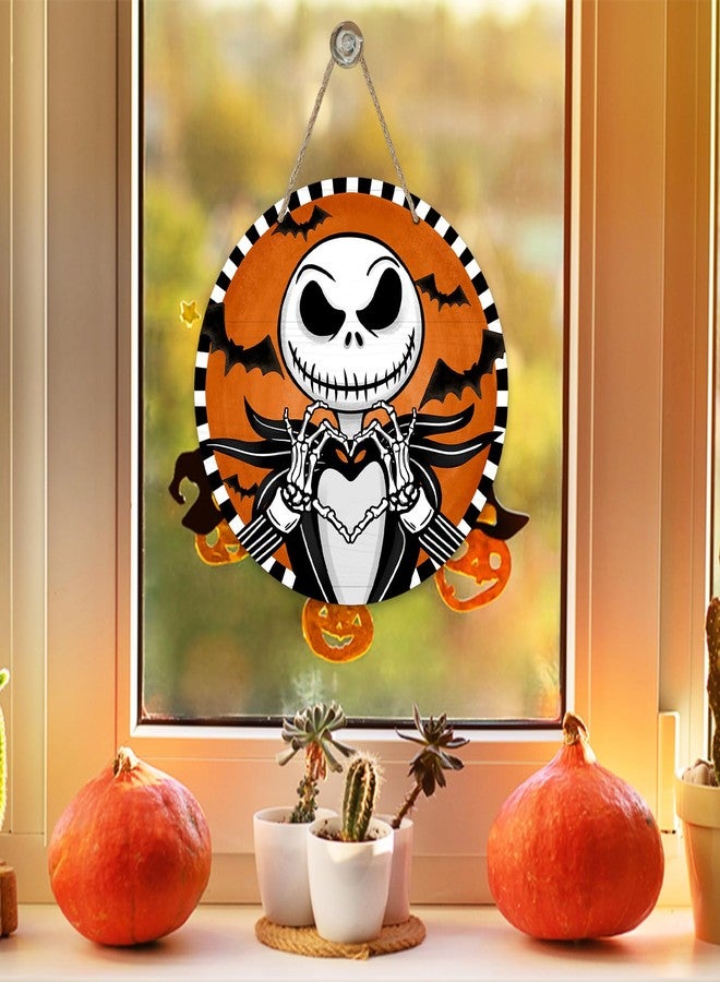 Deroro Halloween Jack Skellington Sign for Front Door Decor, Spooky Bat Wood Door Hanger for Outdoor Outside Porch, Funny Wooden Wreath Party Indoor Wall Hanging Decoration - Image 4