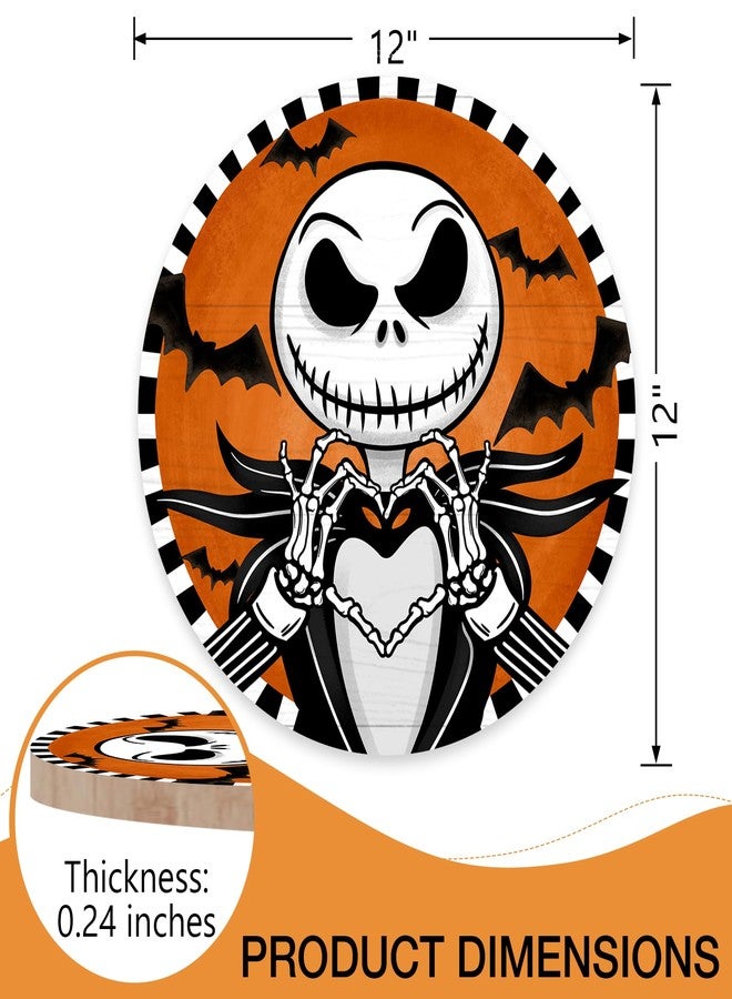 Deroro Halloween Jack Skellington Sign for Front Door Decor, Spooky Bat Wood Door Hanger for Outdoor Outside Porch, Funny Wooden Wreath Party Indoor Wall Hanging Decoration - Image 2