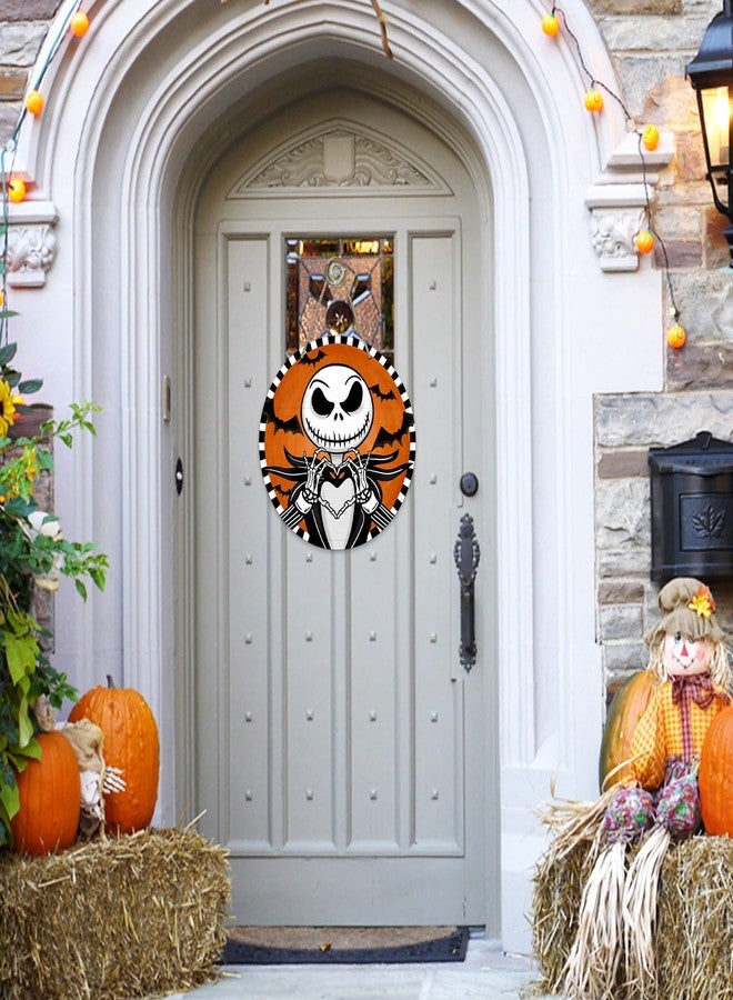 Deroro Halloween Jack Skellington Sign for Front Door Decor, Spooky Bat Wood Door Hanger for Outdoor Outside Porch, Funny Wooden Wreath Party Indoor Wall Hanging Decoration - Image 5