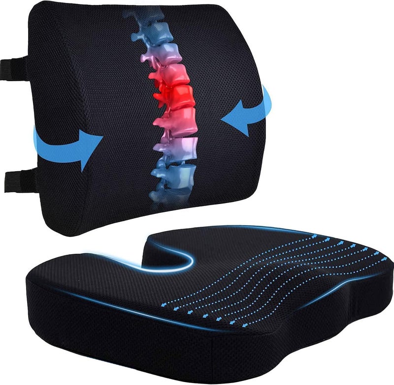 Lumbar Support Pillow for Office Desk Chair, Memory Foam Car Seat Cushion & Orthopedic Back Pillow, Ergonomic Sitting Pads (Black) - Image 1