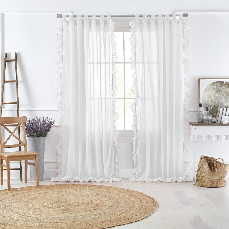 Elrene Home Fashions Bella French Country Cottage Core TabTop Ruffle Sheer Window Curtain 52 in x 95 in 1 Panel White